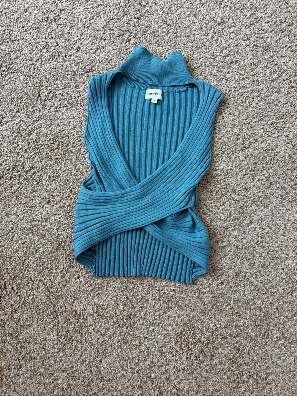 superdown Teal Ribbed Wrap Turtleneck Sweater